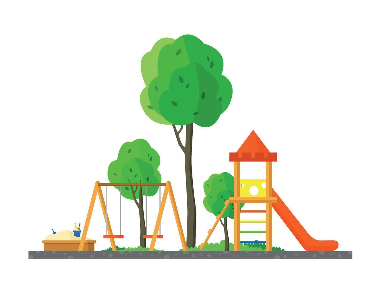 Children's playground with a slide, sandbox, swings and trees. vector