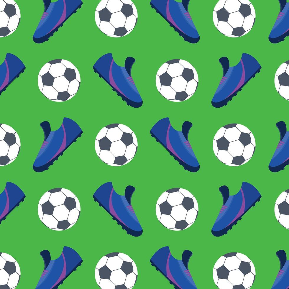 Pattern with soccer balls and boots on a green background. vector