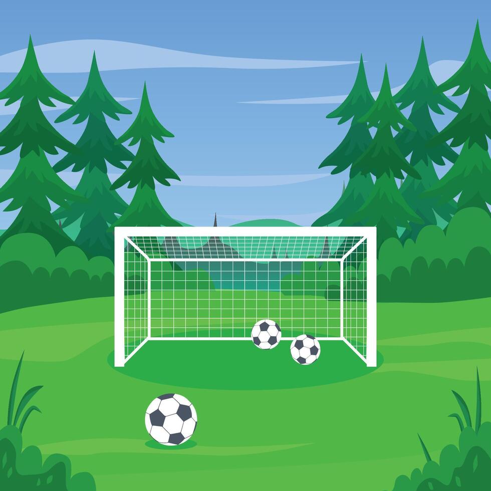 Football field in the forest with goal and a balls. vector