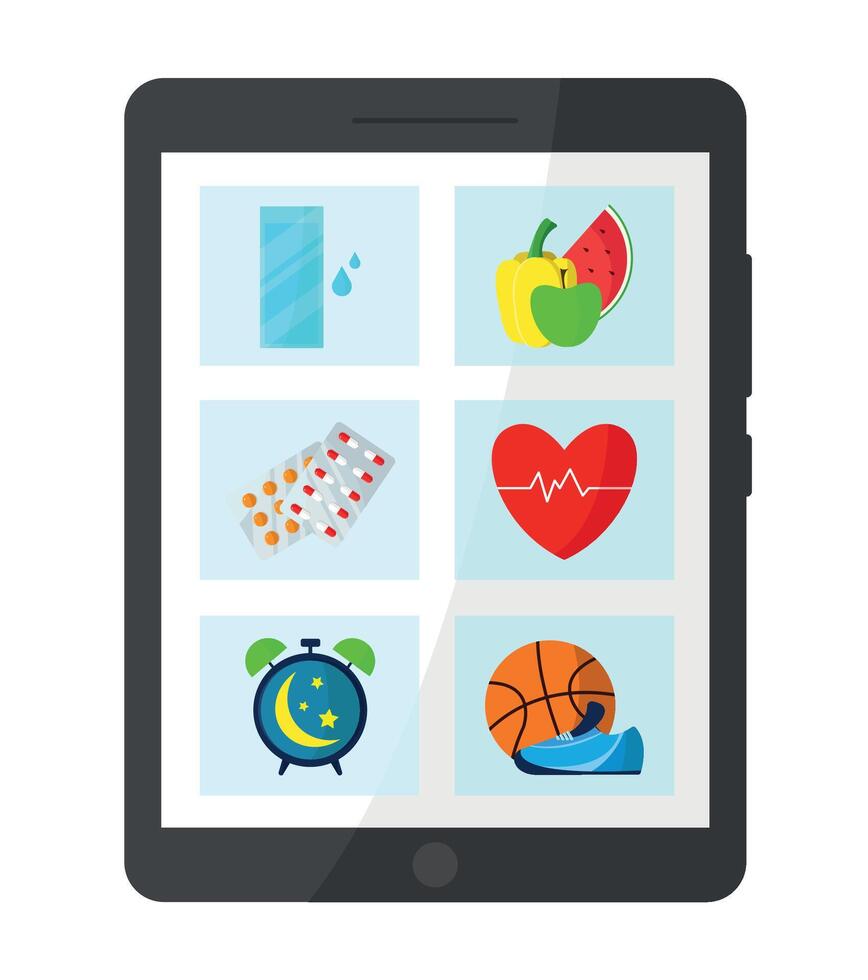 Tablet computer with healthy lifestyle icons. vector