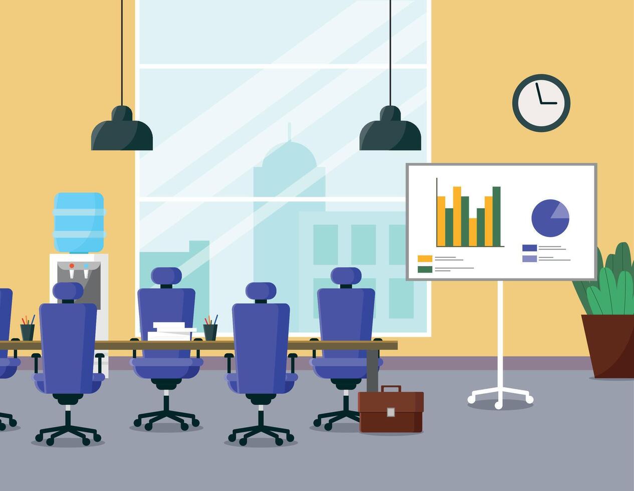 Workplace in an office with a large window. vector