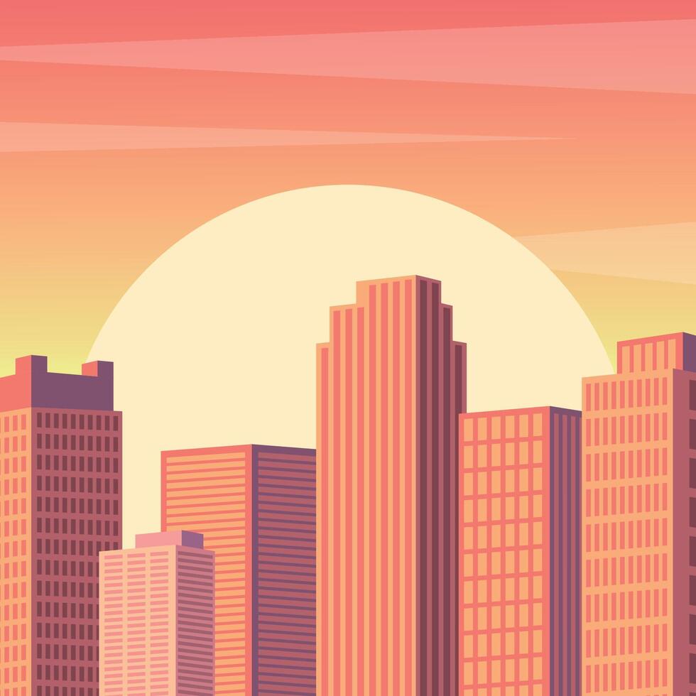 Sunset or sunrise in the city center with skyscrapers. Business center, apartments. vector