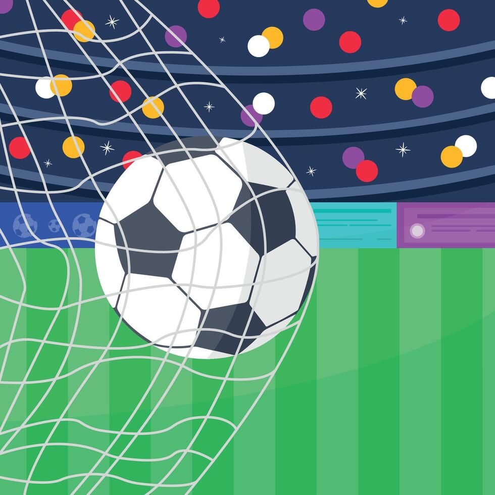 Soccer ball hits the goal net. vector