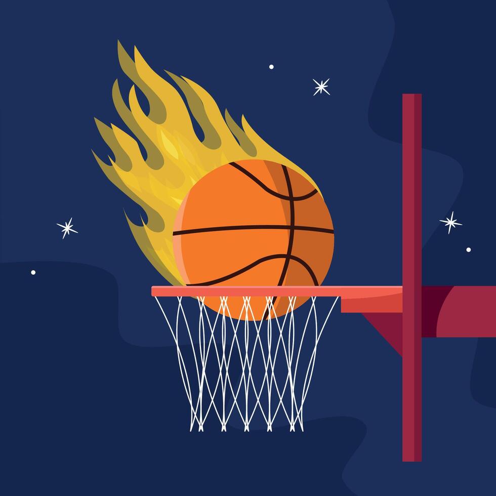 Basketball fire ball hits basketball hoop. vector