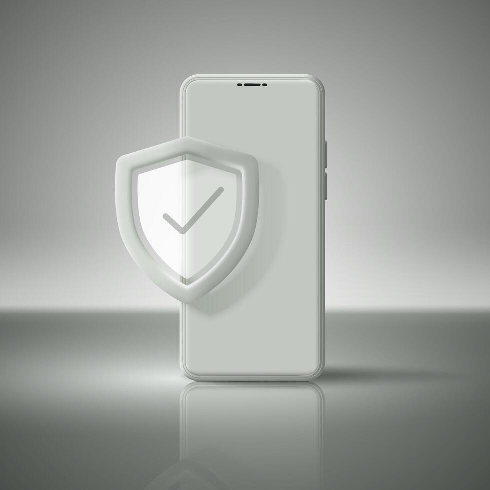 Mobile phone in 3d style with security icon. Shield for online shopping, payments. Application security using smartphone. vector