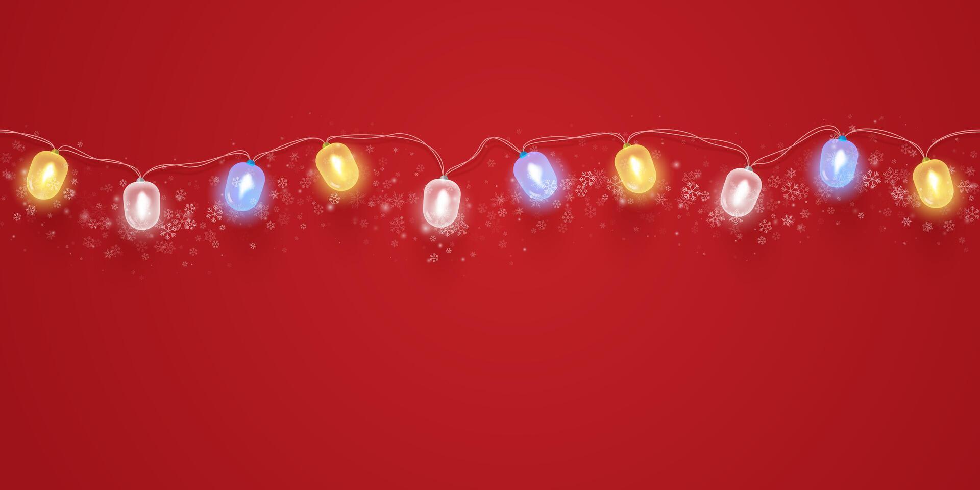 Bright multicolored light garlands realistic Christmas decorations isolated on red background. Light bulbs on ribbon among snowflakes. vector