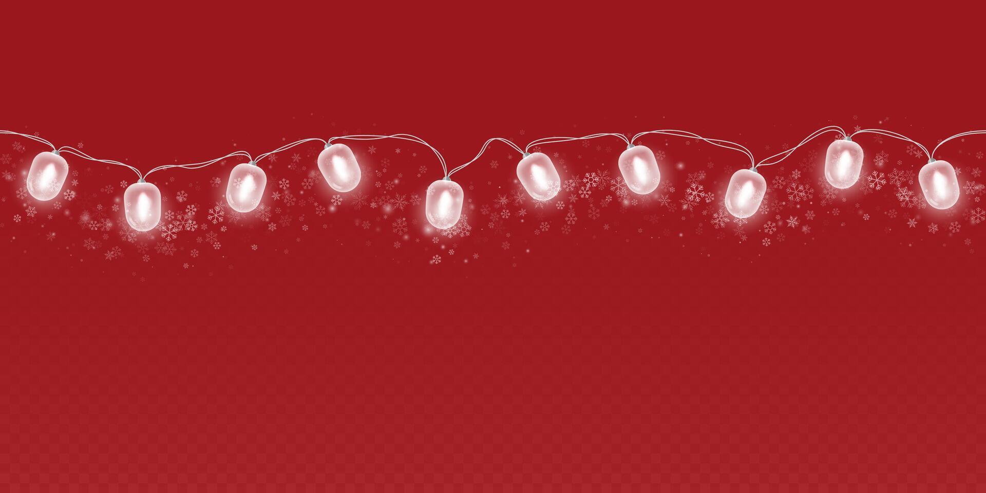 Garland of glowing bulbs isolated on red background. Fairytale Christmas led lights decoration. vector