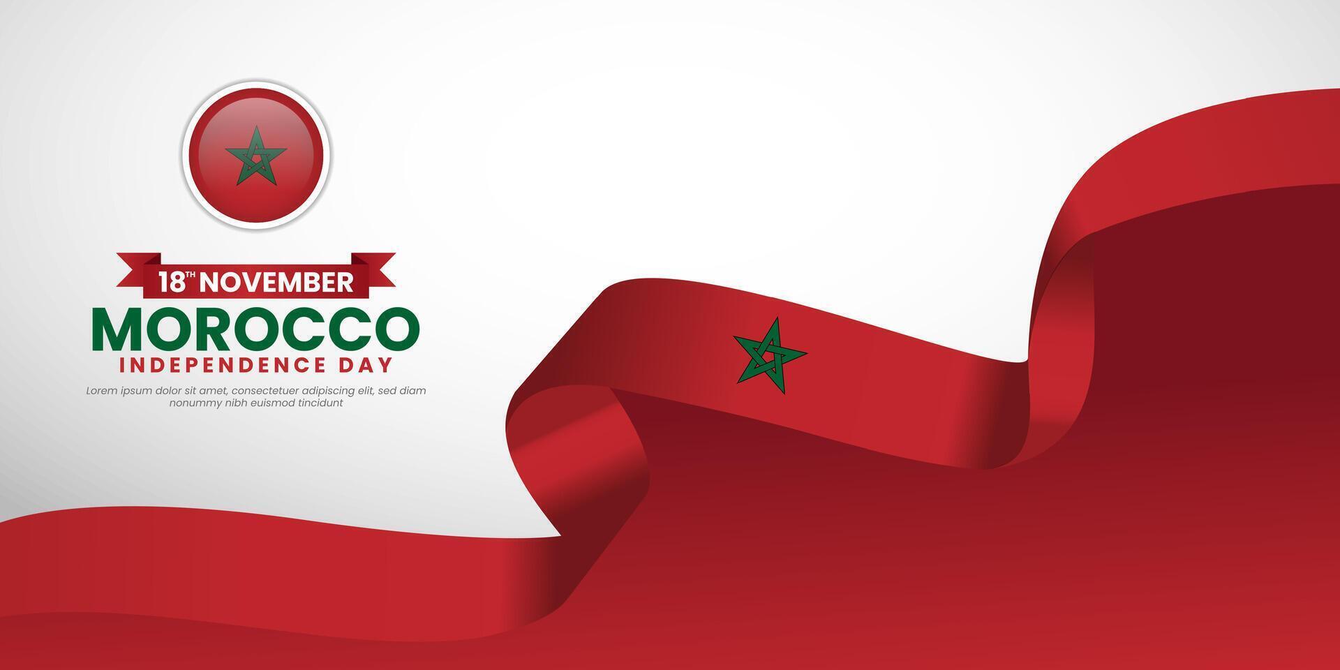 Morocco Independence Day banner background design with waving ribbon flag on November 18th vector