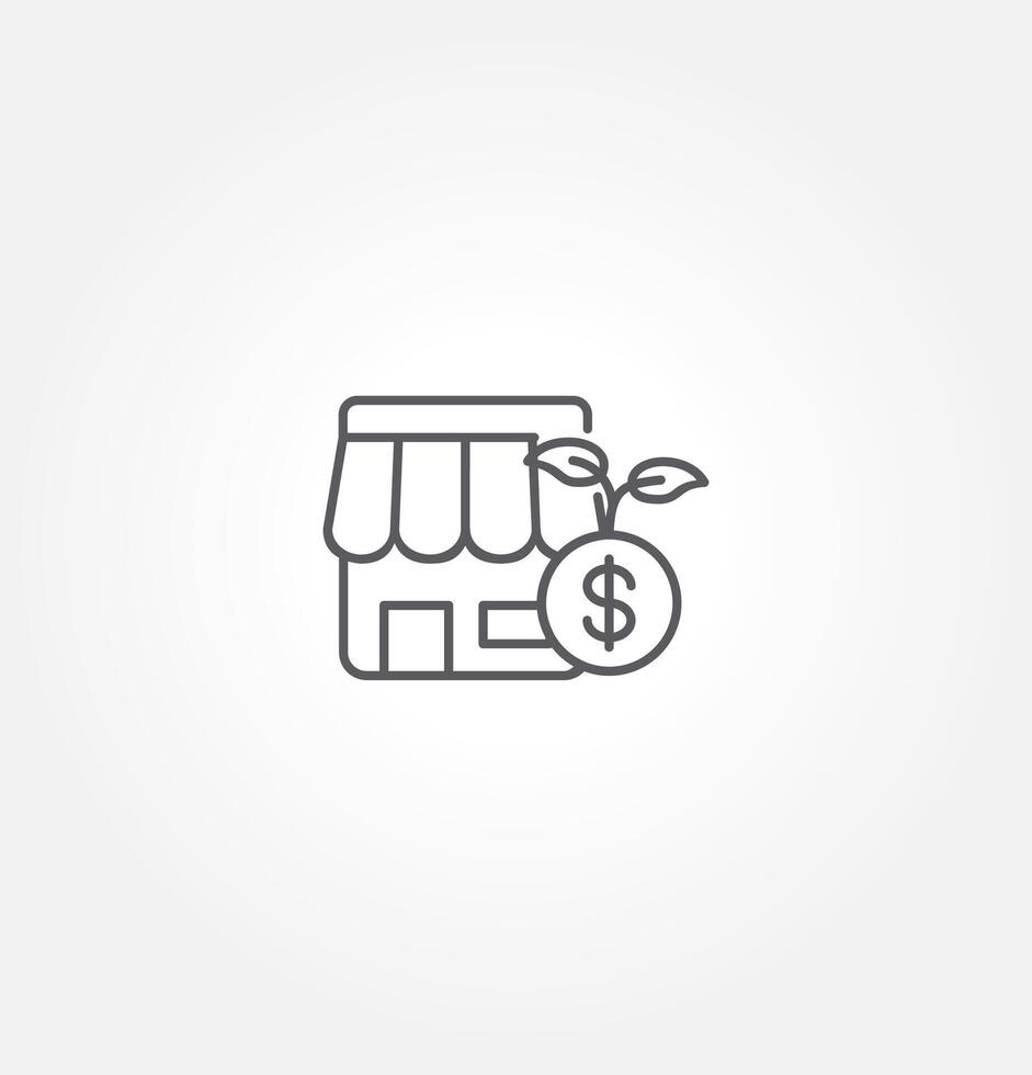 icon of a storefront with a dollar sign and a plant sprouting from it, likely representing a business or financial growth concept. vector