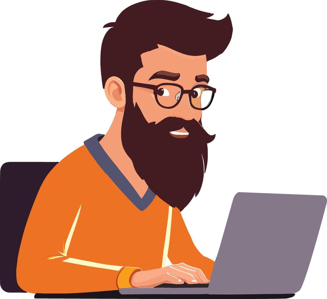 bearded man using laptop character icon and vector