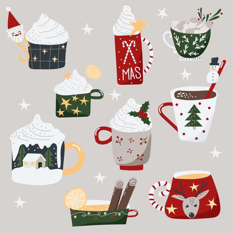 Christmas cups with cacao, tea, coffee, marshmallow, whipped cream and decorations, cinnamon, lemon, noel tree, spruce branches, snowman, deer, santa head, berry, candy stick and star. vector