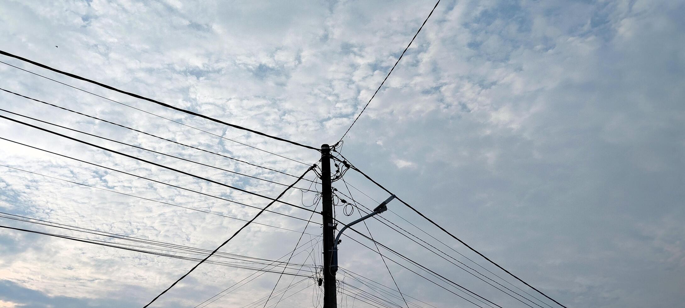 A power line with wires and a sky background photo