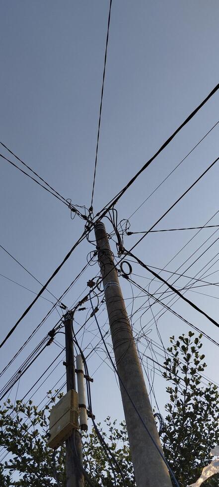 A telephone pole with wires and a sign photo