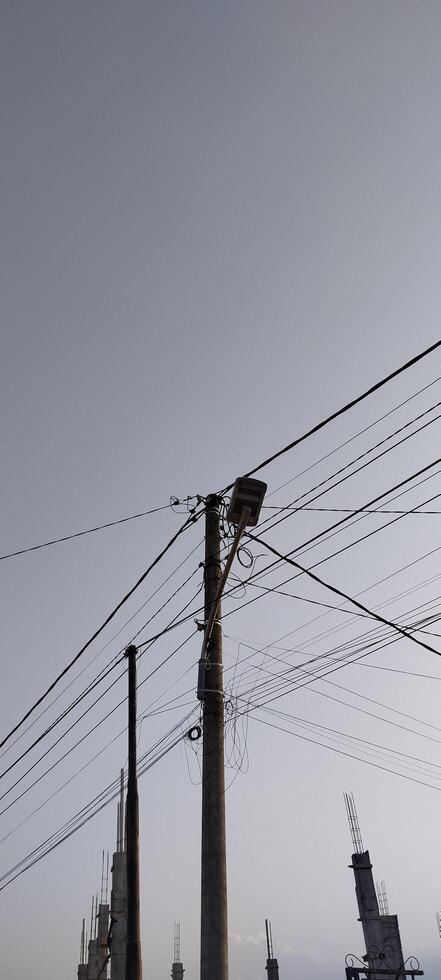 A view of a city street with power lines and telephone poles photo