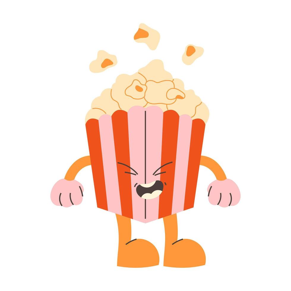 Cartoon popcorn in groovy style on white background vector