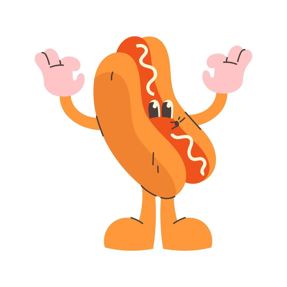 Cartoon hot dog in groovy style on white background vector