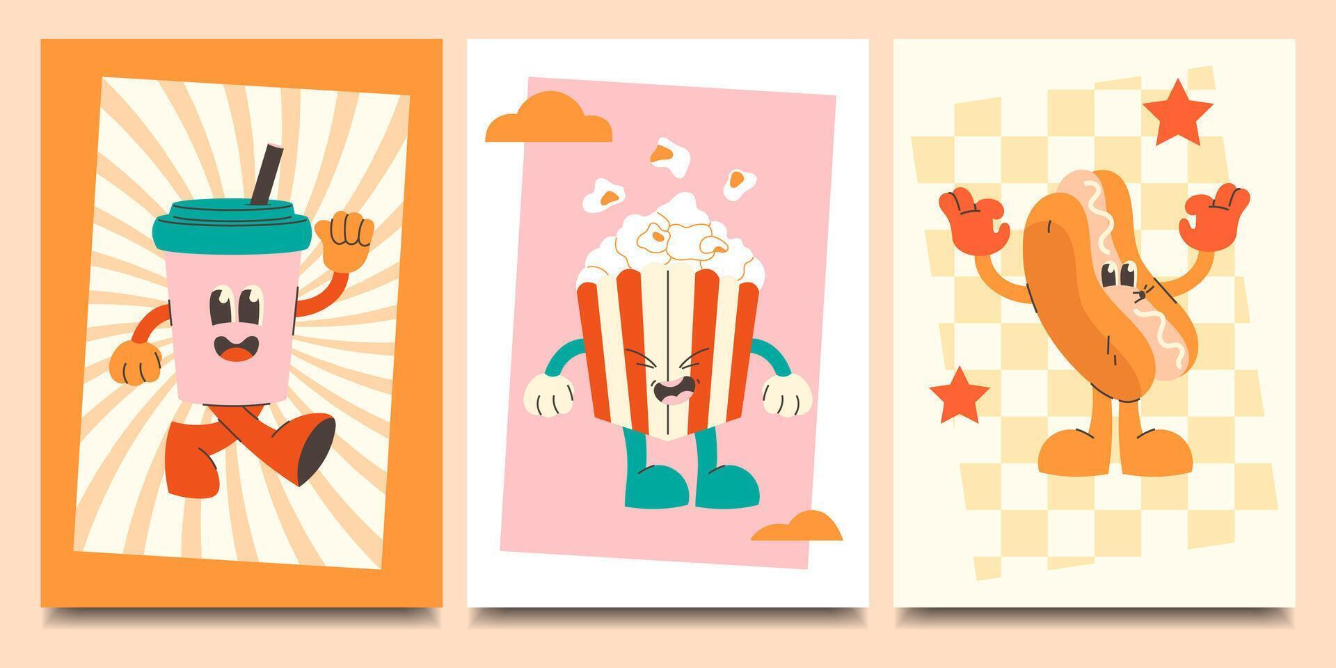 Cartoon poster set with groovy characters. Hot dog, popcorn, drink glass vector
