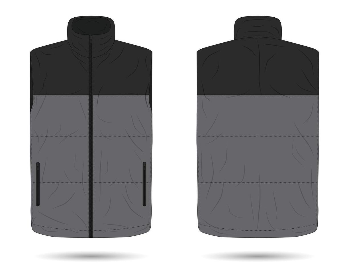 Black and grey padded vest mockup front and back view vector