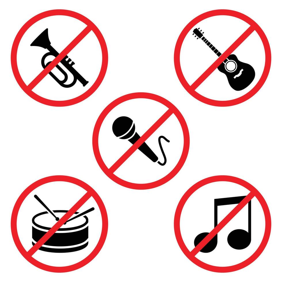 Collection of signs prohibiting music, prohibiting noise, prohibiting singing, etc. vector