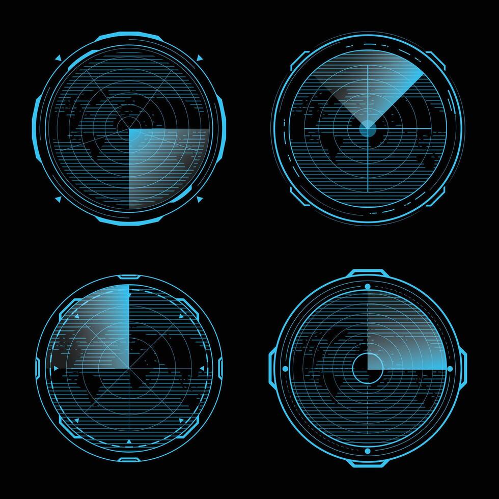 Collection of different round futuristic digital radars vector