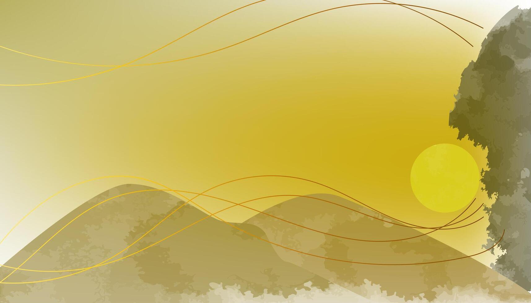 Watercolor mountains background with sun and hills, with gold color outline vector