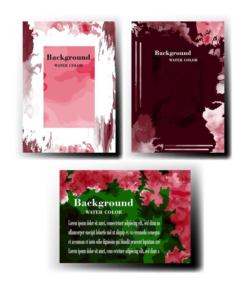 A set of three watercolor floral backgrounds in red and pink, with white, red and green backgrounds. vector