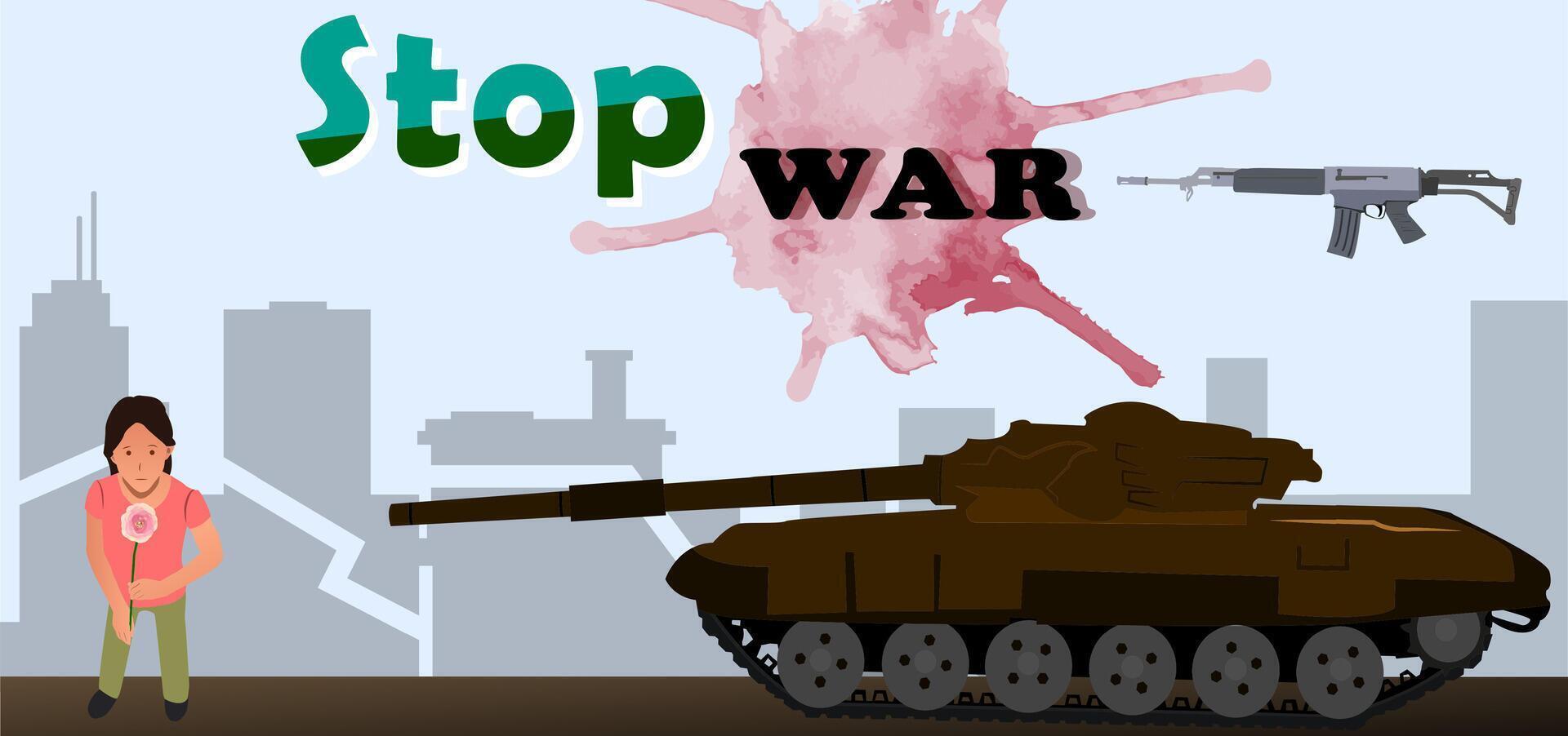 Illustration of a child holding flowers with the wish that the war will stop immediately vector