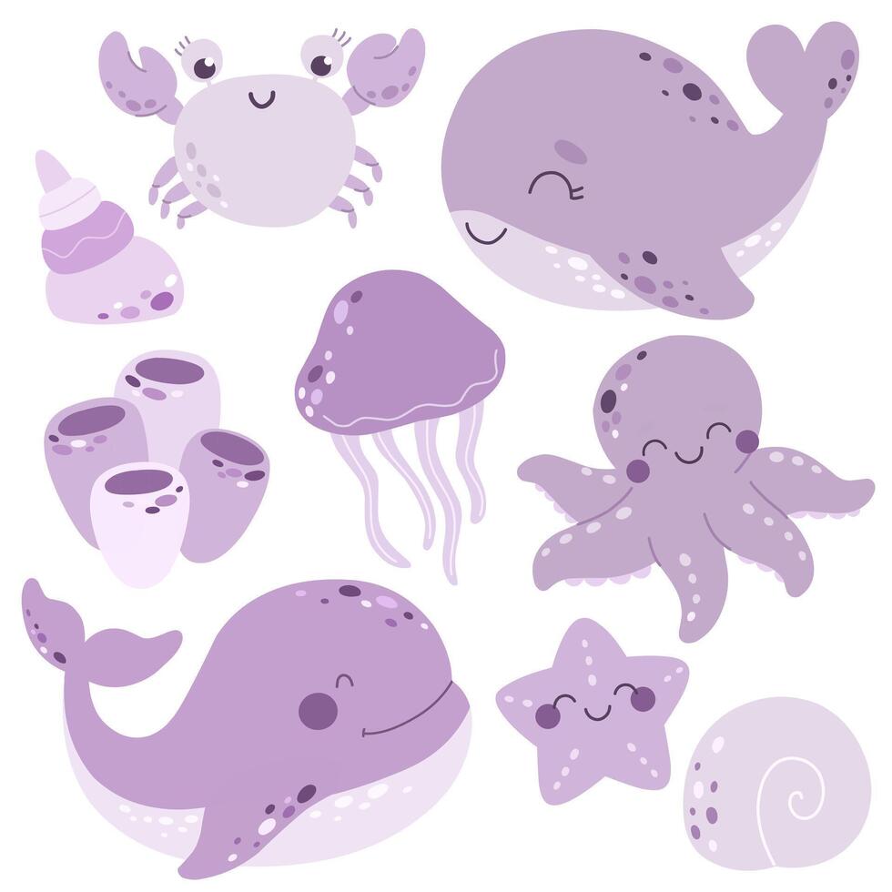 Marine set with whales, shells, crab and octopus. Cute sea creatures in flat style. vector