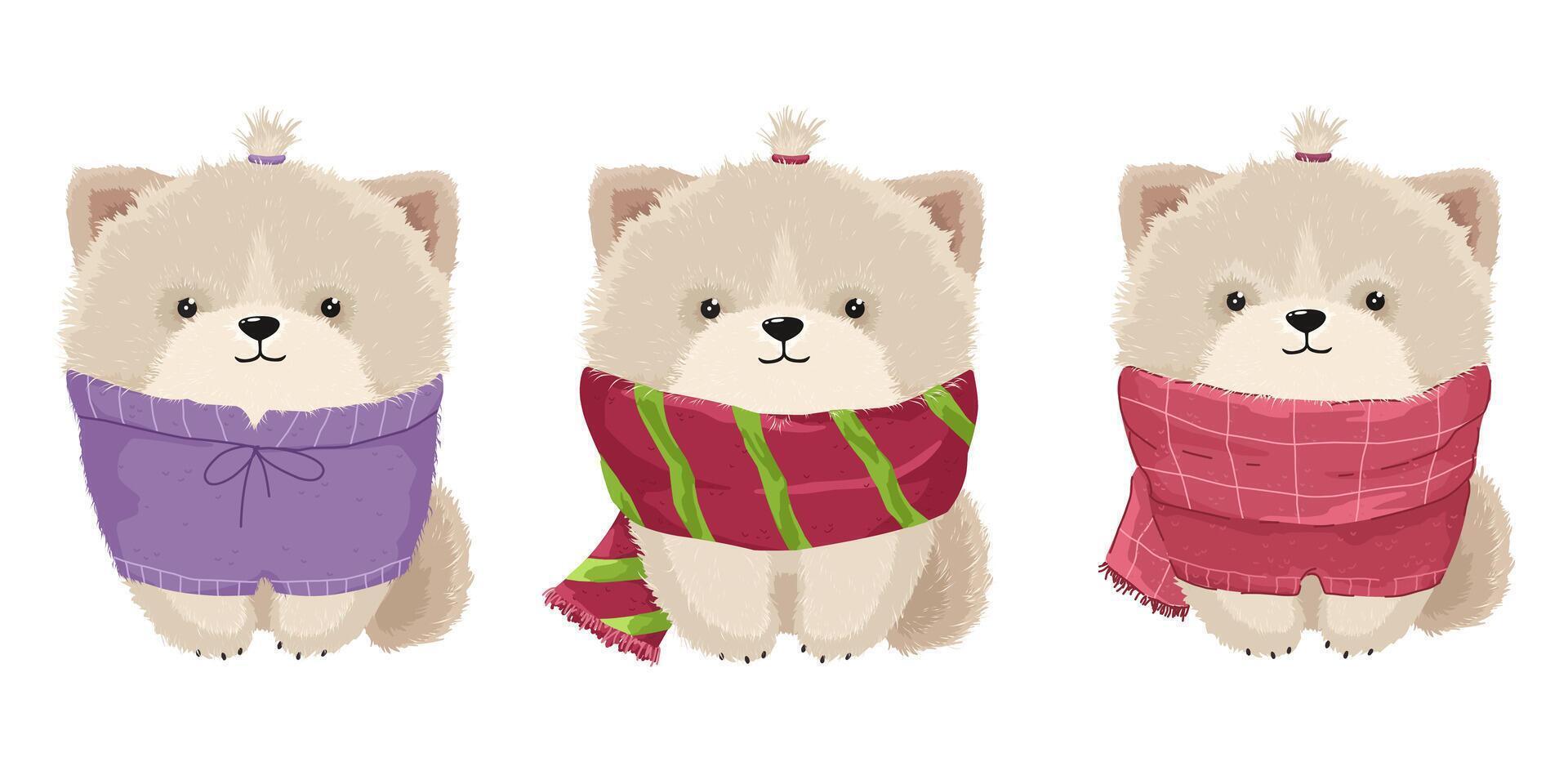 Cute Spitz puppy. Happy and cute puppy with different scarves. Animal print. vector