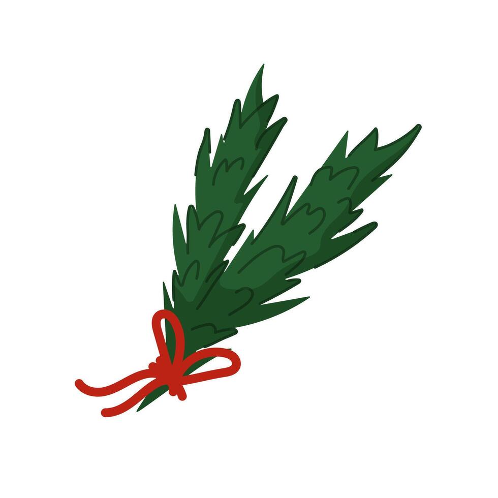 Festive evergreen branch tied with a red ribbon in flat style. Design for Christmas decoration, holiday card. Isolated on a white background. vector