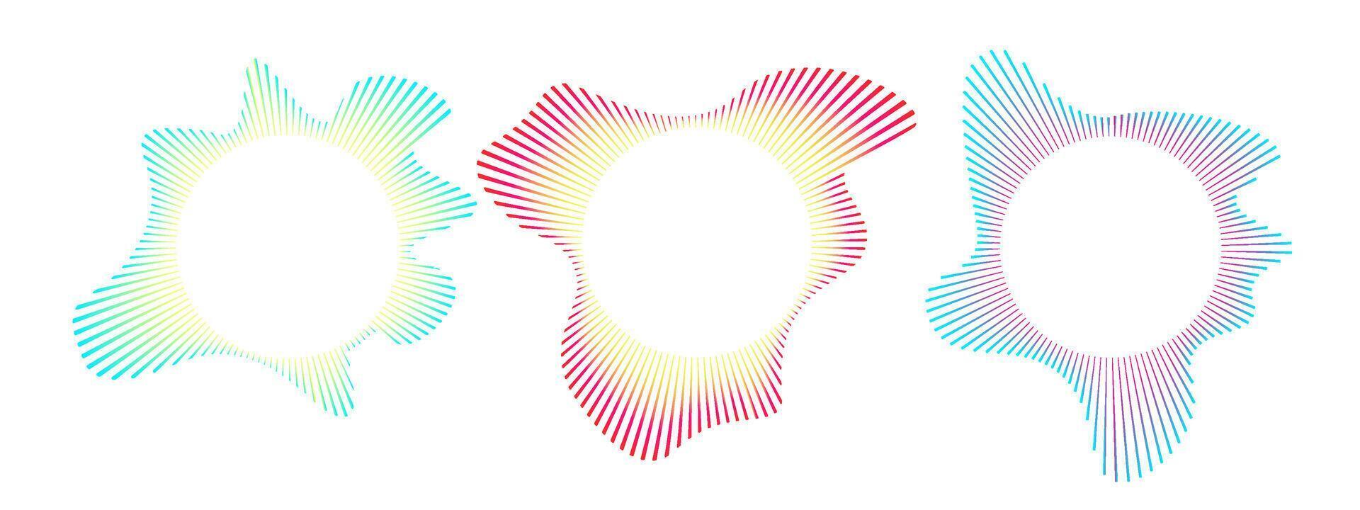 Set of multicolored neon sound waves. Sound lines, radial spectrum, sound equalizers. Circular geometric wavy frame. radial spectrum. Multicolored audio lines clipart. vector