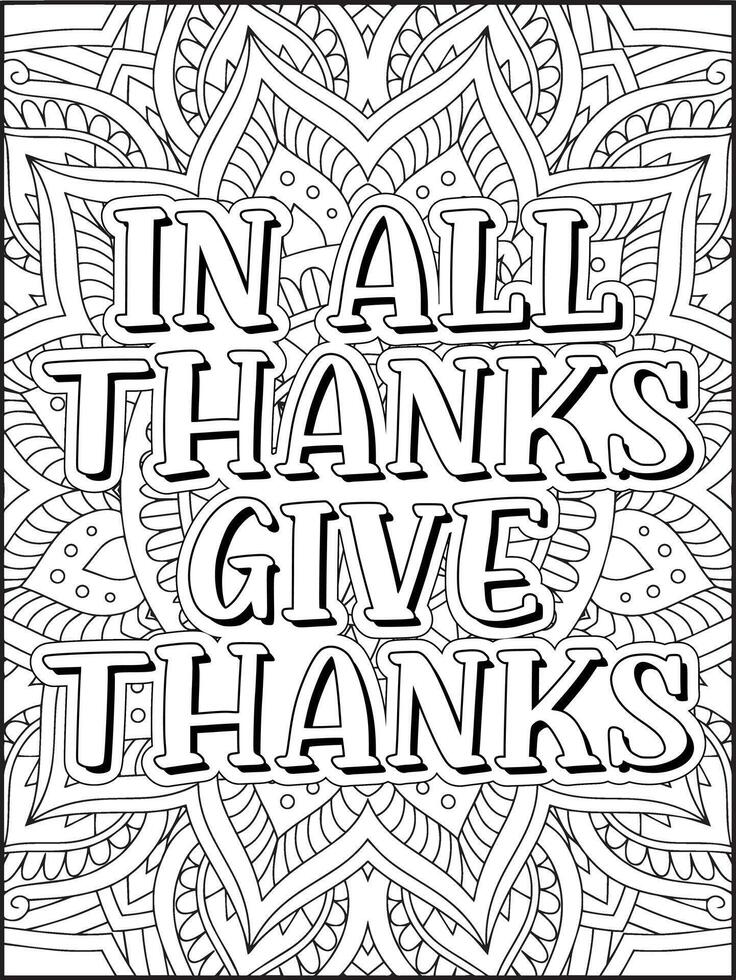 In All Thanks Give Thanks Quote Coloring Page. Thanksgiving Quote Coloring Page for Adults. vector