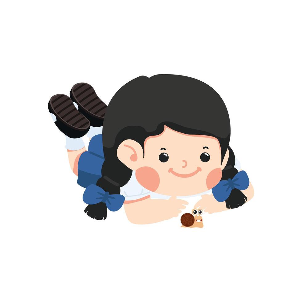 Kid girl watching snail on ground vector