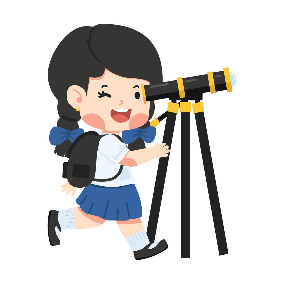 Kid girl with glasses looks through a telescope vector