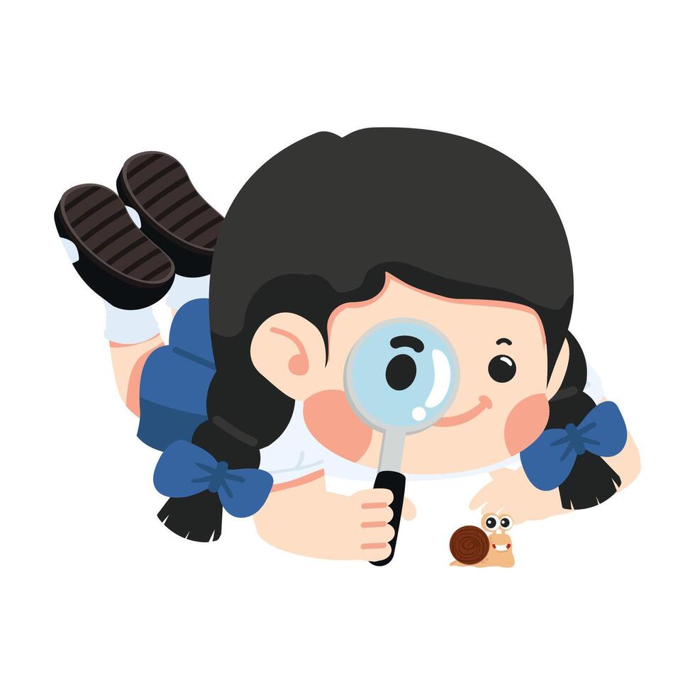 Kid girl watching snail on ground with Magnifying vector