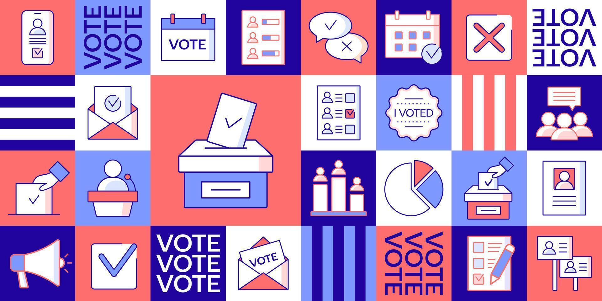 Modern geometric background with flat line icons of voting, ballots, and elections. Mosaic design template. illustration vector