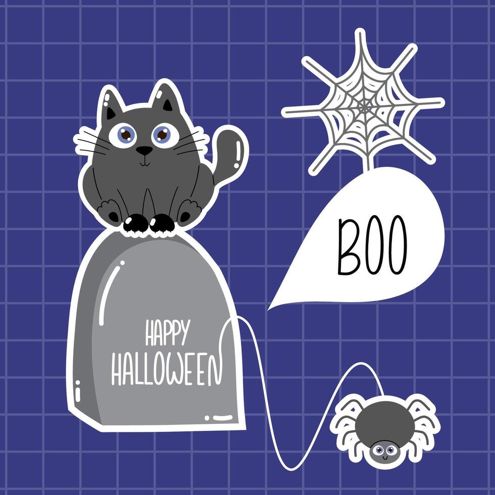 Kawaii Halloween set with black cat, spider, cobweb and spooky gravestone vector