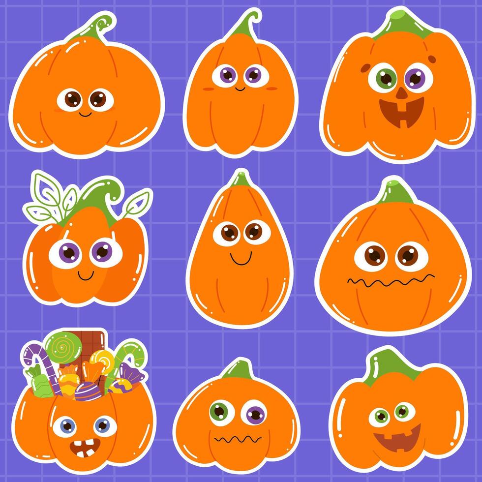 Cute and funny Halloween pumpkins with different emotions in a kawaii style sticker set vector