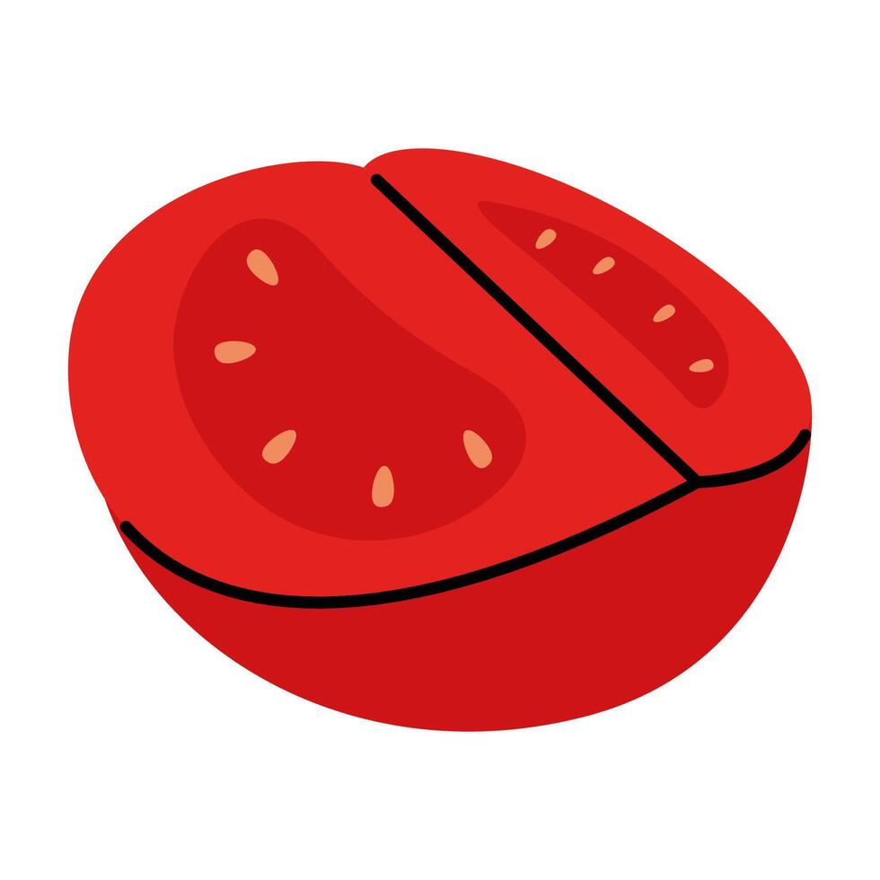 Simple drawing of a quarter red tomato with seeds in doodle style vector