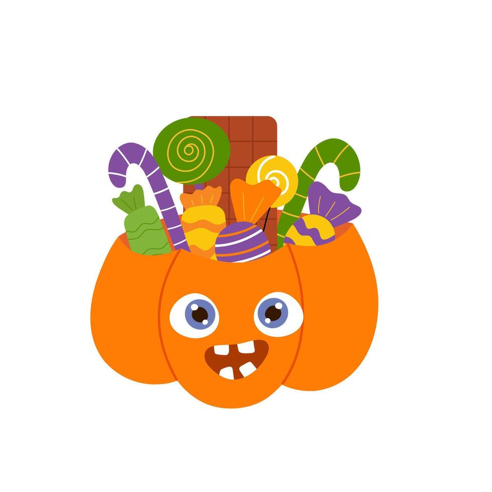 Halloween pumpkin. Halloween spooky pumpkin with smiling face and candies vector