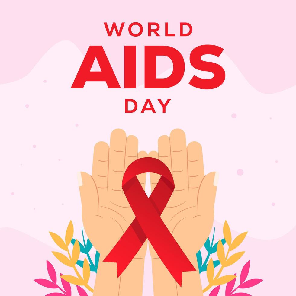 world aids day illustration with hands and ribbon in flat design vector