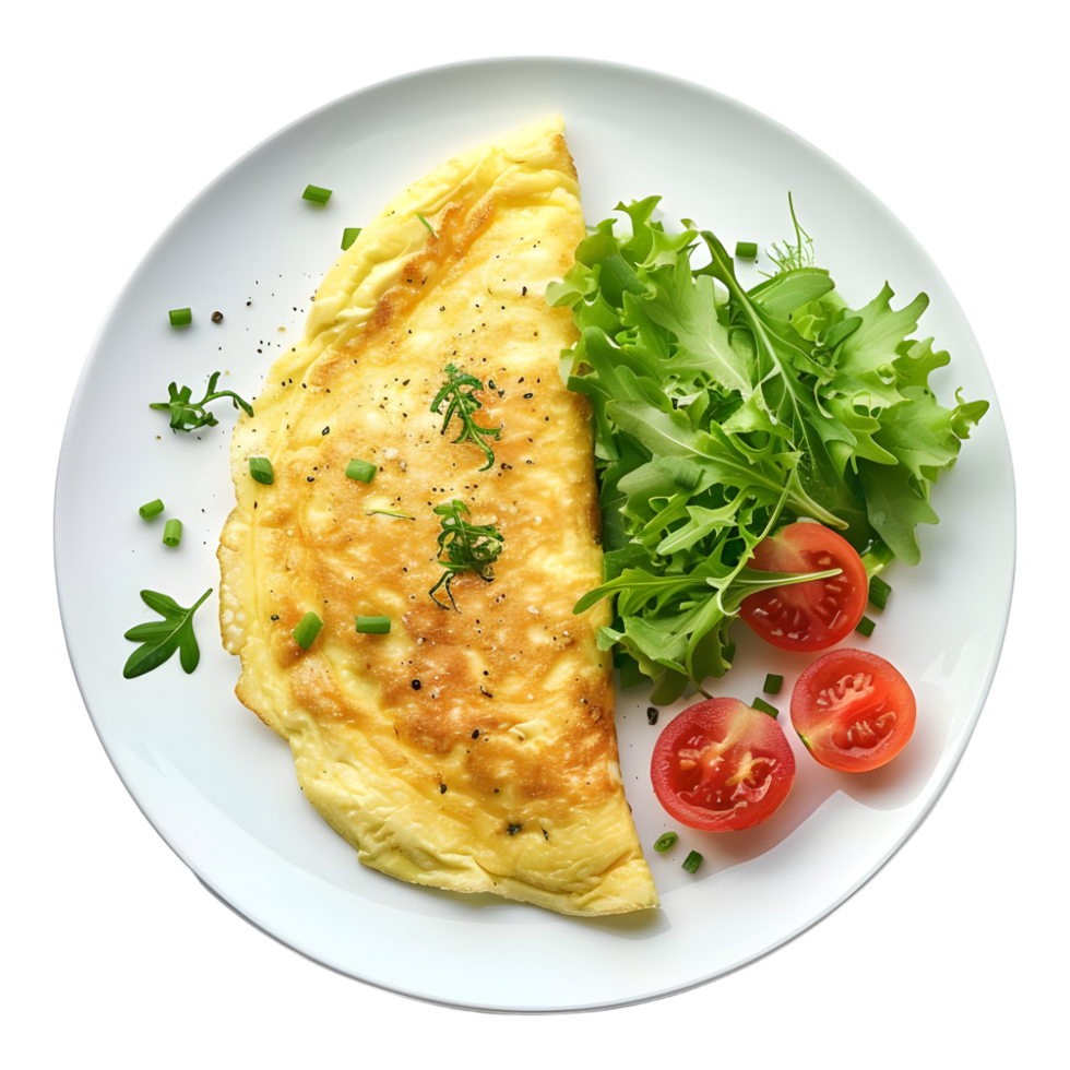 Omelet with tomato and salad on a white plate png