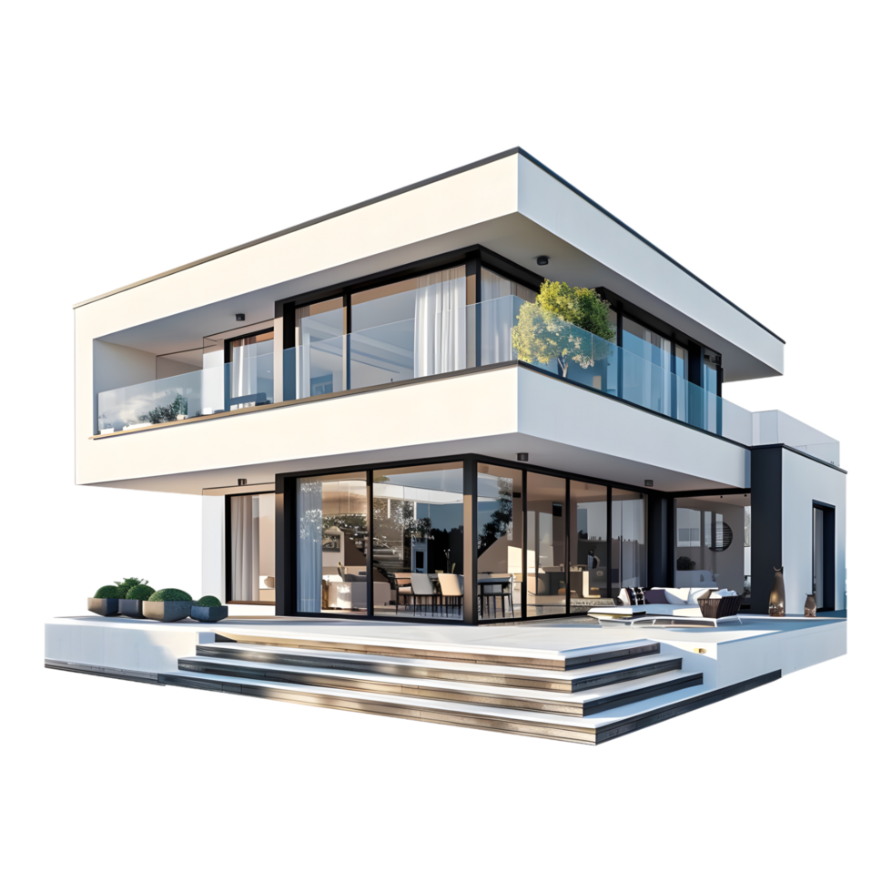 Modern house with large windows and large balcony png