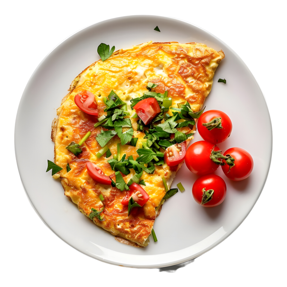 An omelet with tomatoes and herbs on a plate png