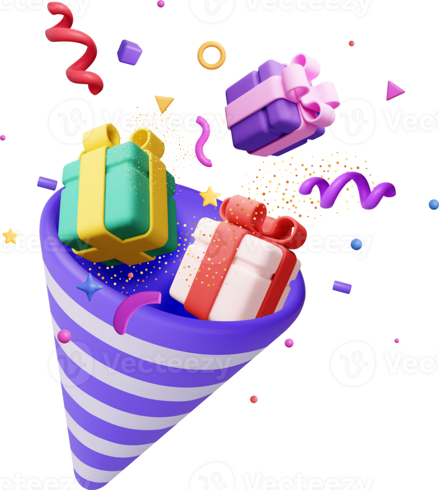3D Striped Party Popper with Confetti png