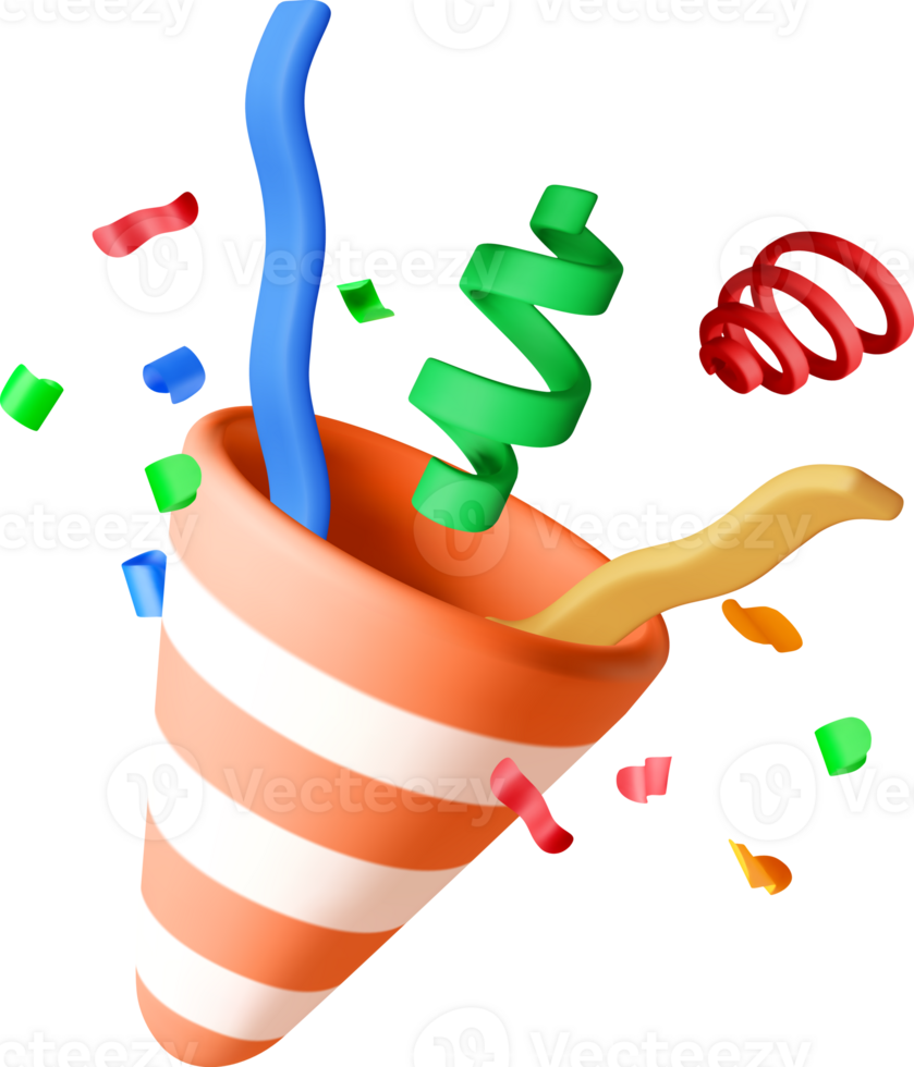 3D party popper with confetti ribbons png