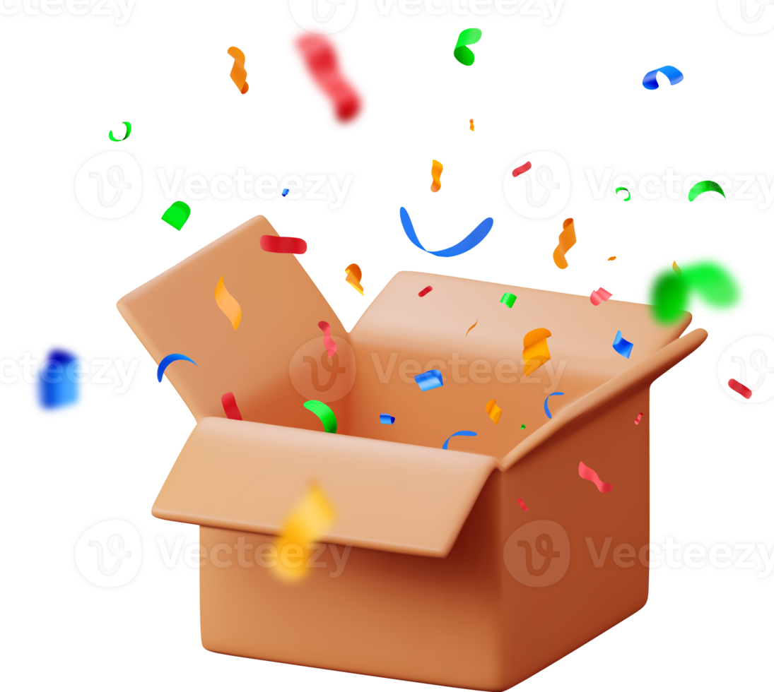 3d opened cardboard box with color confetti png
