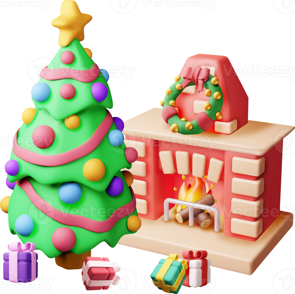 3D Red Brick New Year Fireplace with Tree png