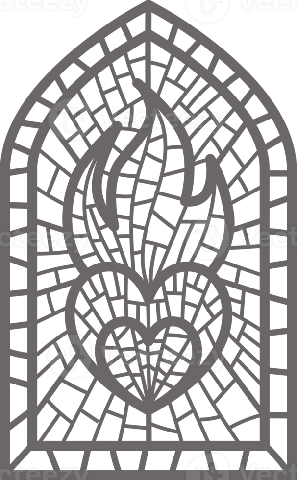Church glass window. Stained mosaic catholic frame with religious symbol burning heart. Outline illustration png