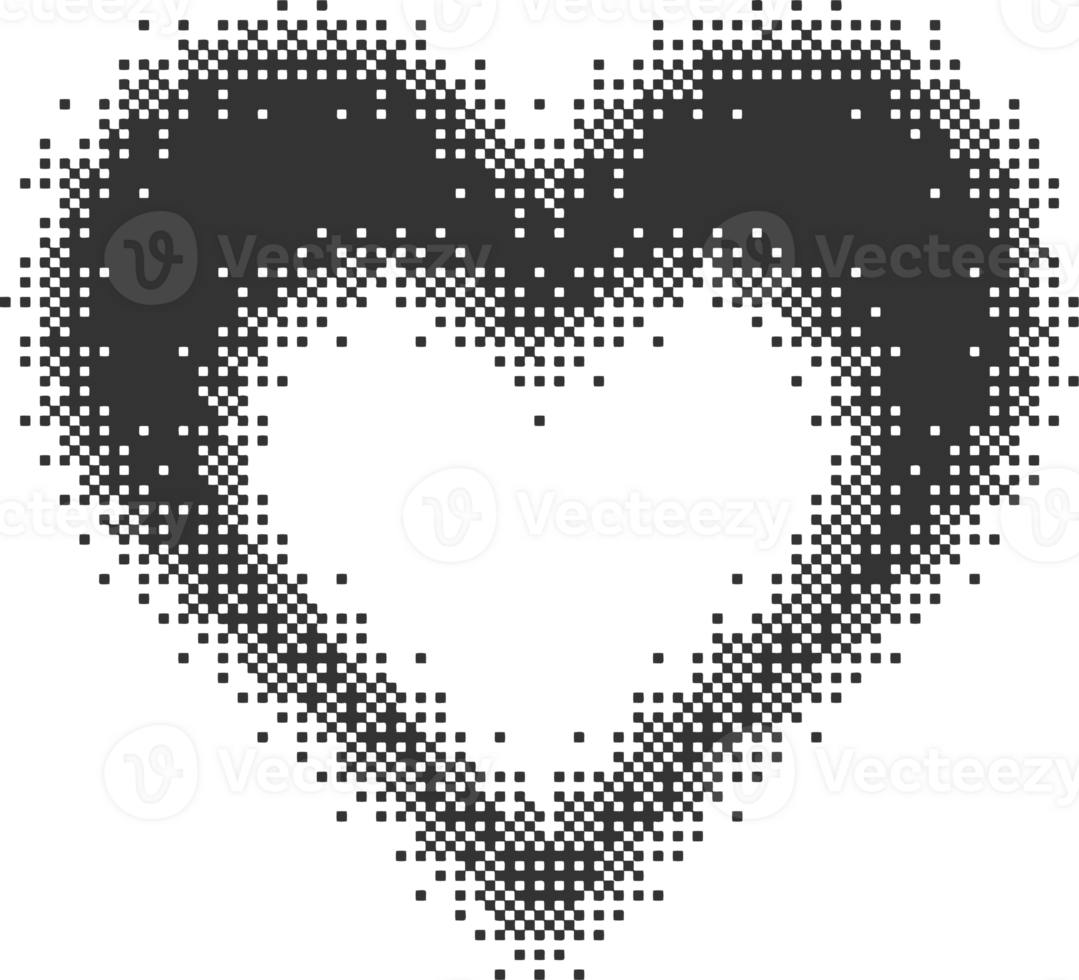 Bitmap pixel arcade game effect. Hearts y2k halftone pattern shape. Dither aesthetic gradient glow icon. 2000s design grainy illustration png